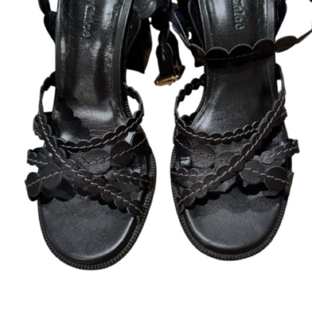 See by Chloe Black Kaddy Scallop Leather Block-Heel Sandals Sz 38.5 or US 8.5 - Picture 8 of 11